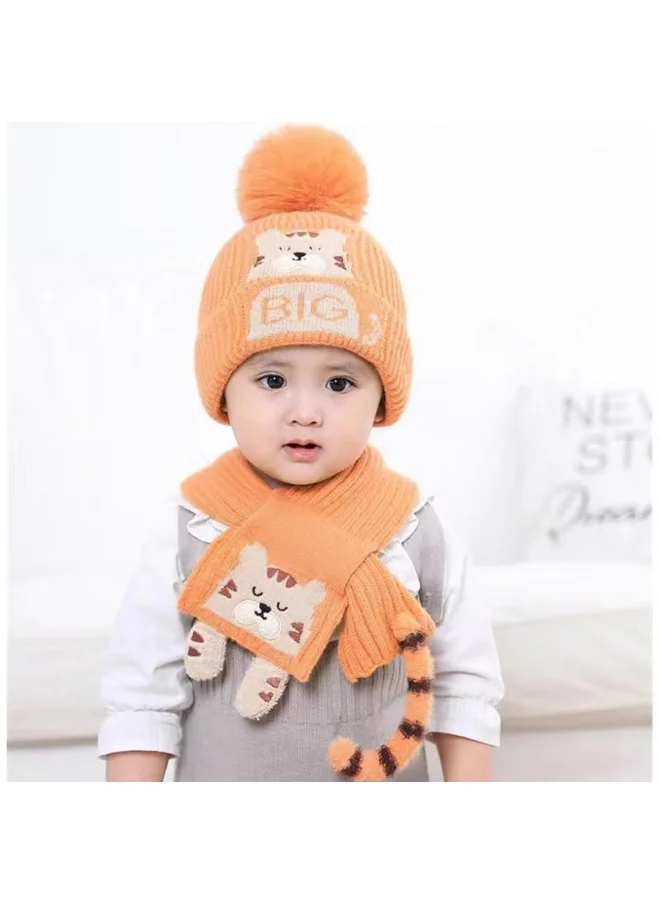 LITTLE SURPRISE BOX Orange Tiger woven Stretchable Woolen Winter Cap for Kids with Matching Neck Muffler Set