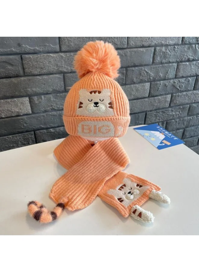 LITTLE SURPRISE BOX Orange Tiger woven Stretchable Woolen Winter Cap for Kids with Matching Neck Muffler Set