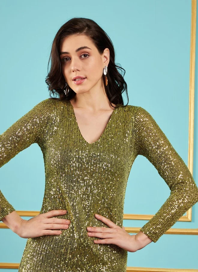 SASSAFRAS Olive Green Sequined Midi Dress for Women