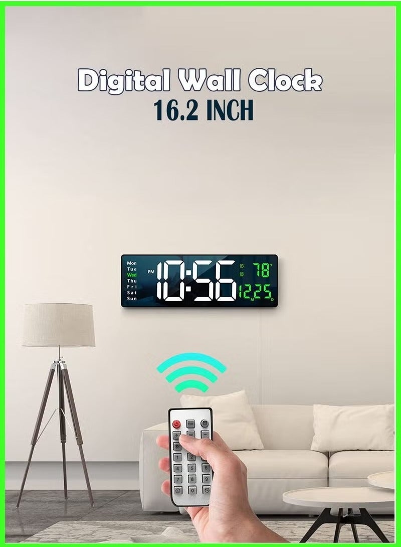 Digital Wall Clock Large Display 16.2 Inch -– LED Digital Clock with Remote Control, Auto Brightness Dimmer, Big Wall Clock with Date, Week & Temperature, Modern Home & Office Décor, Silent Operation, Easy--to-Read Time Display