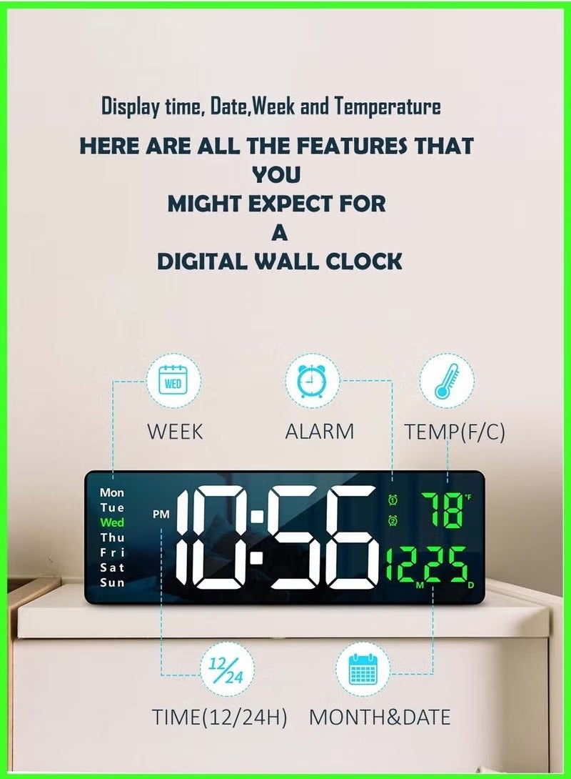 Digital Wall Clock Large Display 16.2 Inch -– LED Digital Clock with Remote Control, Auto Brightness Dimmer, Big Wall Clock with Date, Week & Temperature, Modern Home & Office Décor, Silent Operation, Easy--to-Read Time Display