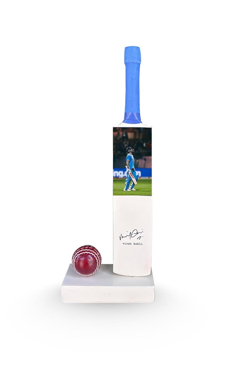 Frixan Wood Decorative Cricket Miniature Set Virat kohli Autograph Printed (Not Original), Autographed Mini Bat with Display Stand and Ball, Sports Memorabilia Showpiece - Image 1
