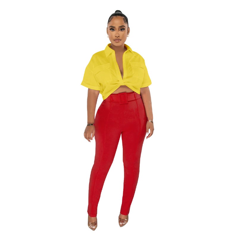 K10447 Fashion Women's 2023 New Shirt Pants Set with Belt Contrast Color Two-piece Set - Image 1