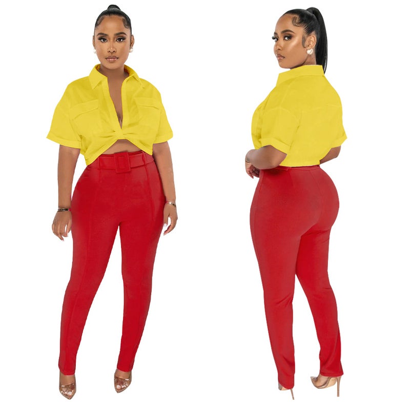 K10447 Fashion Women's 2023 New Shirt Pants Set with Belt Contrast Color Two-piece Set - Image 5