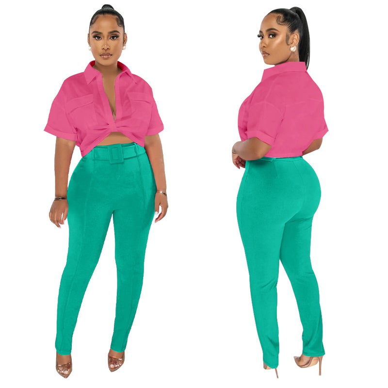 K10447 Fashion Women's 2023 New Shirt Pants Set with Belt Contrast Color Two-piece Set - Image 4