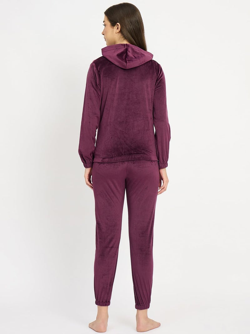 CAMEY Women’s Full Sleeve Hooded Nightsuit Set – Soft Velour Lounge Wear with Elastic Waistband & Side Pockets – Comfortable Home Wear for Daily Use (Wine, M) - Image 5