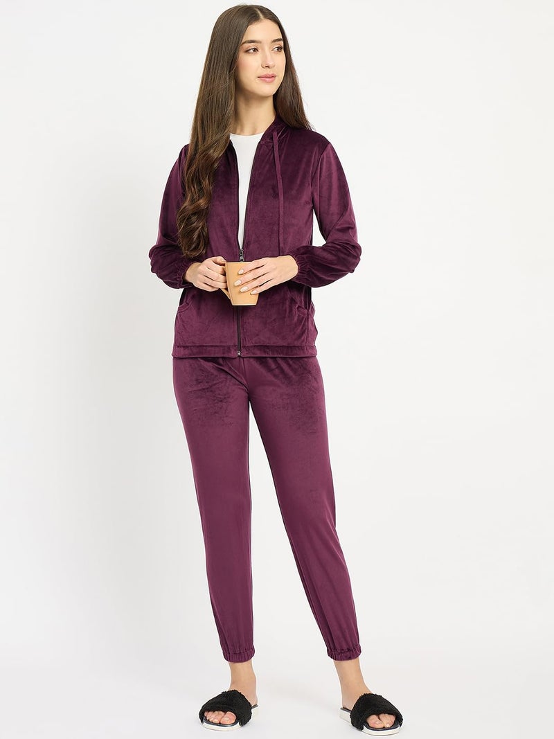 CAMEY Women’s Full Sleeve Hooded Nightsuit Set – Soft Velour Lounge Wear with Elastic Waistband & Side Pockets – Comfortable Home Wear for Daily Use (Wine, M) - Image 2