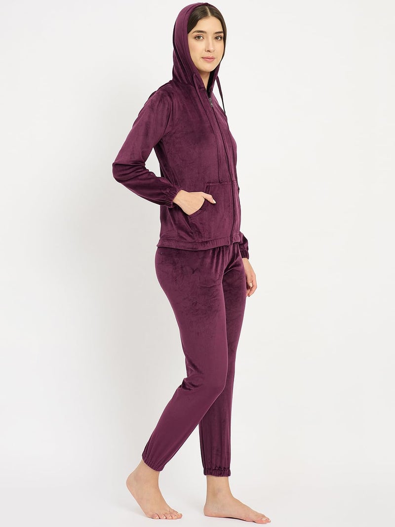 CAMEY Women’s Full Sleeve Hooded Nightsuit Set – Soft Velour Lounge Wear with Elastic Waistband & Side Pockets – Comfortable Home Wear for Daily Use (Wine, M) - Image 4