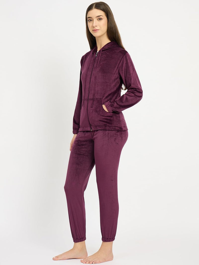 CAMEY Women’s Full Sleeve Hooded Nightsuit Set – Soft Velour Lounge Wear with Elastic Waistband & Side Pockets – Comfortable Home Wear for Daily Use (Wine, M) - Image 3