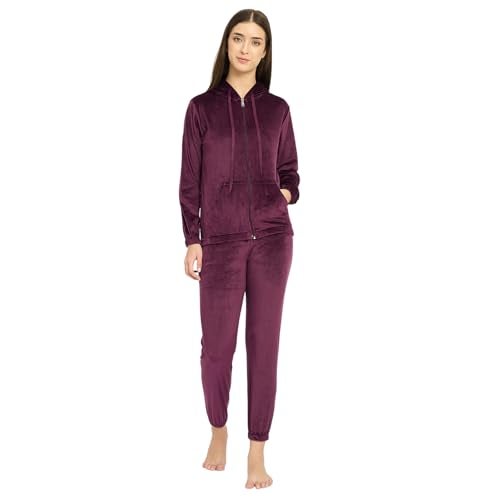 CAMEY Women’s Full Sleeve Hooded Nightsuit Set – Soft Velour Lounge Wear with Elastic Waistband & Side Pockets – Comfortable Home Wear for Daily Use (Wine, M) - Image 1