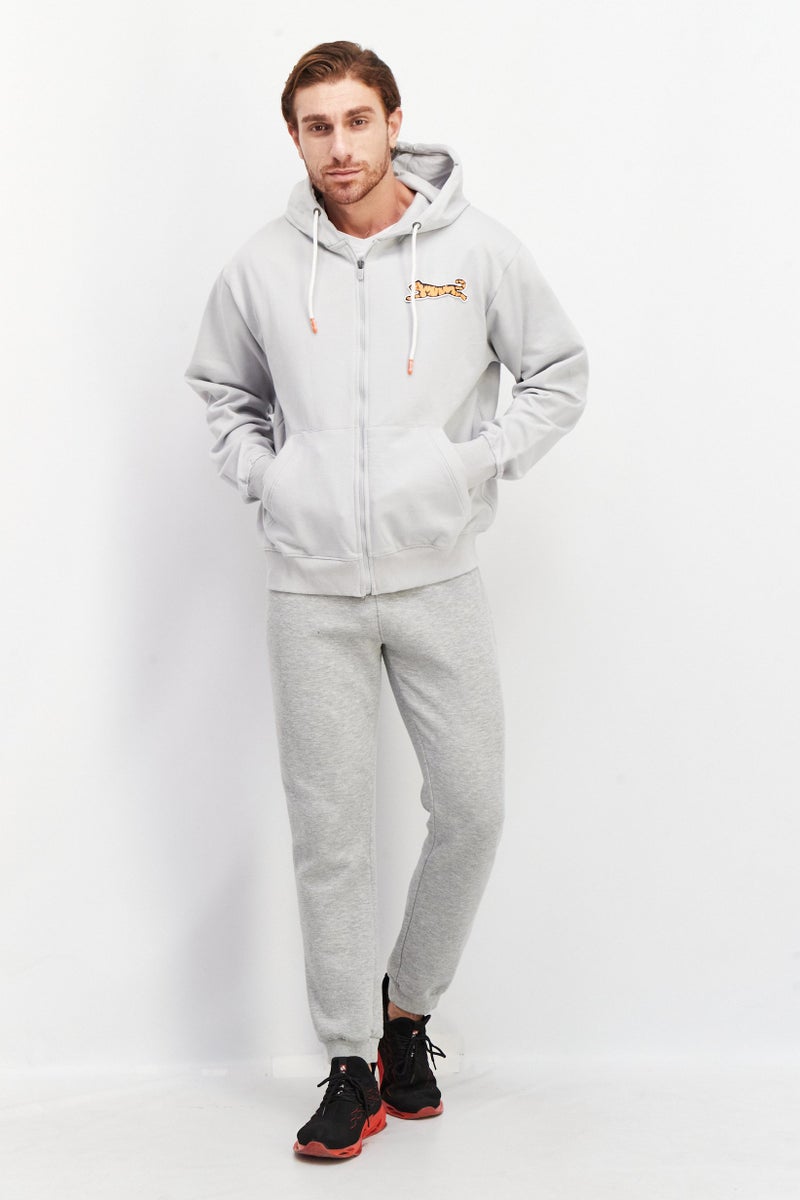 Men Drawstring Long Sleeve Brand Logo Hoodie, Grey