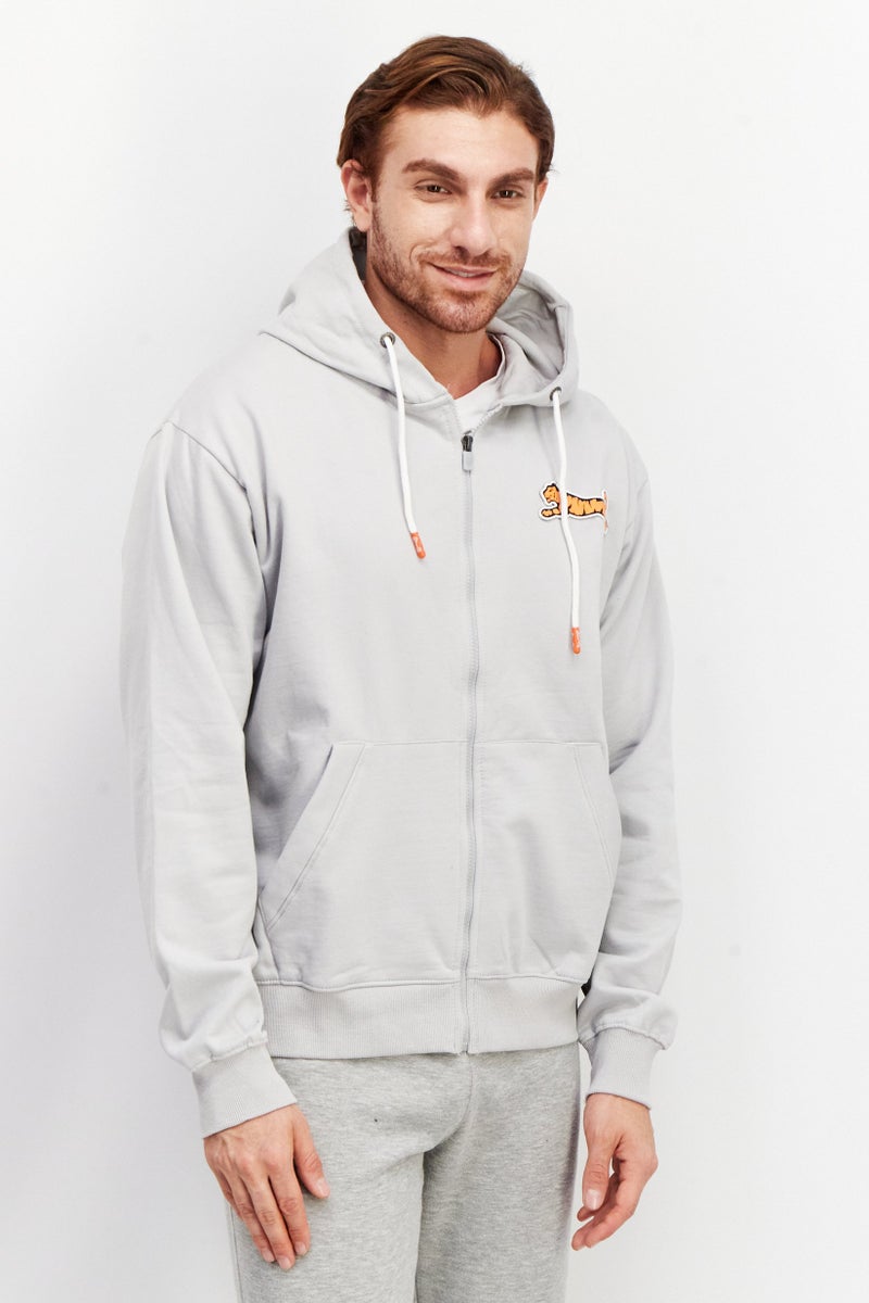 Men Drawstring Long Sleeve Brand Logo Hoodie, Grey