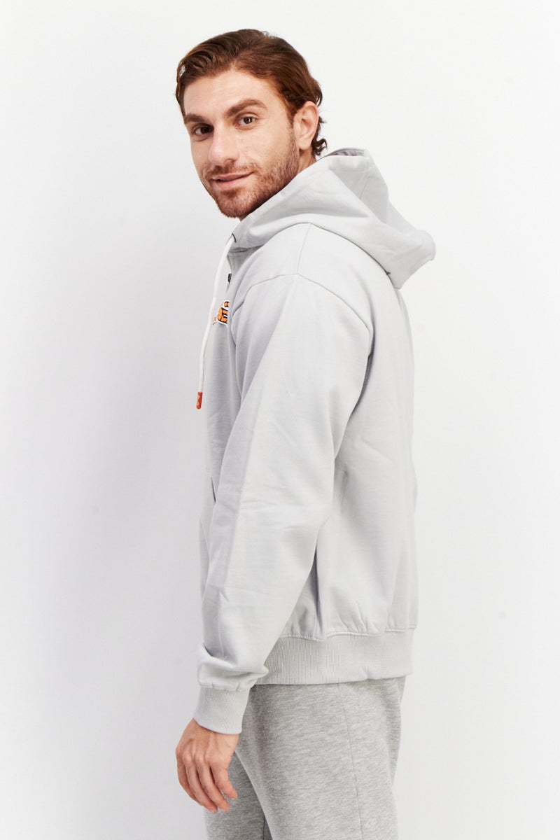 Men Drawstring Long Sleeve Brand Logo Hoodie, Grey