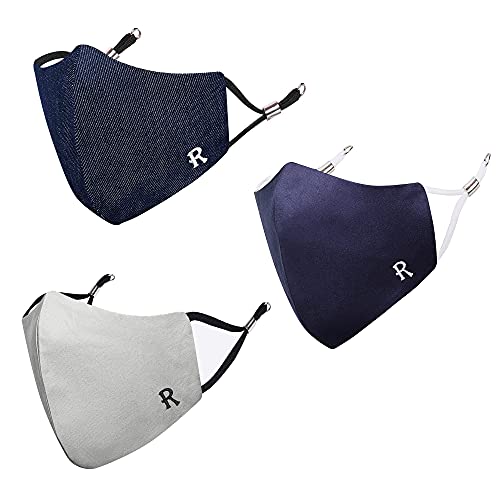 MASQ Alphabet R 4 Layer, Reusable, Breathable, Anti-Bacterial (BFE>99%) Embroidered 100% Pure Cotton Cloth Face Mask Combo with Ear Adjusters for Unisex, Men, Women (Large, Navy-Grey-Denim, Pack of 3) - Image 1