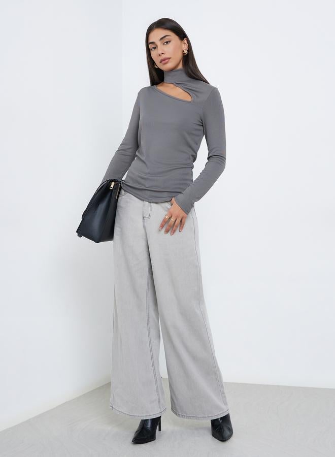Styli Charcoal Knit Top with Cut-Out Detail - Image 3