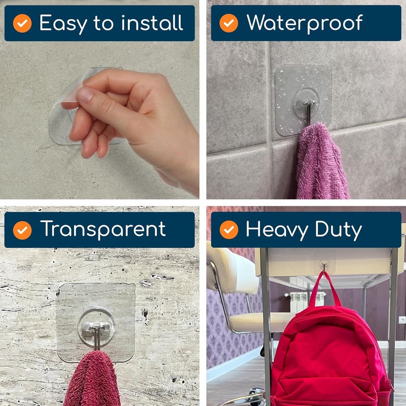 GLUIT Adhesive Wall Hooks for Hanging Heavy Duty 22 lbs Hooks for Walls No Damage, Towel Sticky Clear Hooks, Waterproof, Home, Bathroom, Kitchen, Office, and Outdoor 20 Pack - Image 5