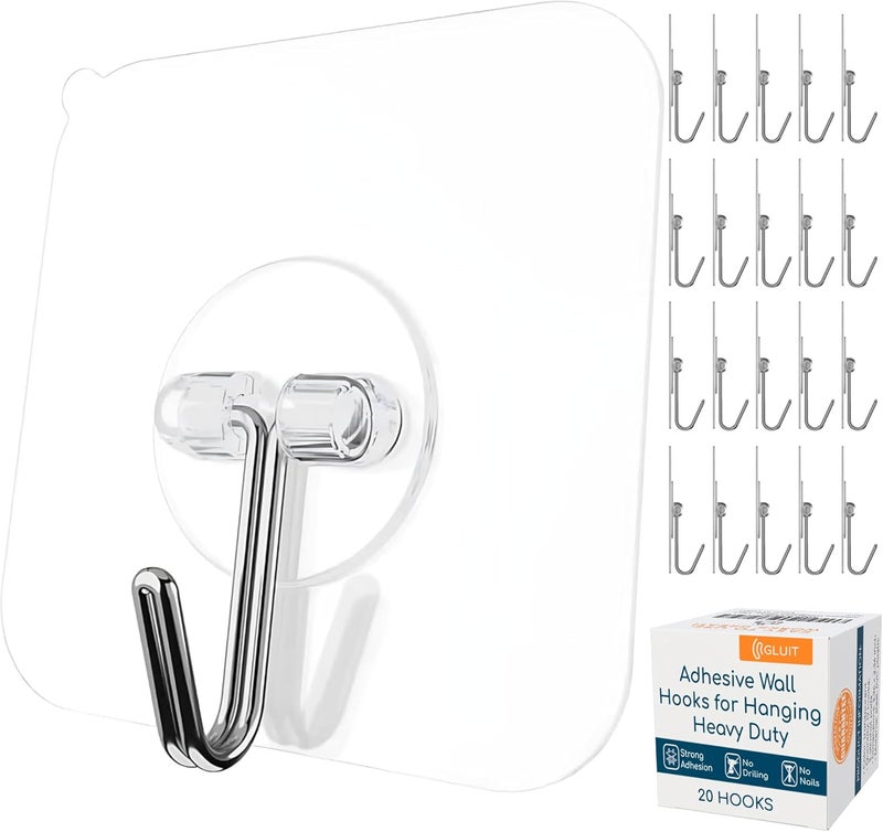 GLUIT Adhesive Wall Hooks for Hanging Heavy Duty 22 lbs Hooks for Walls No Damage, Towel Sticky Clear Hooks, Waterproof, Home, Bathroom, Kitchen, Office, and Outdoor 20 Pack - Image 1