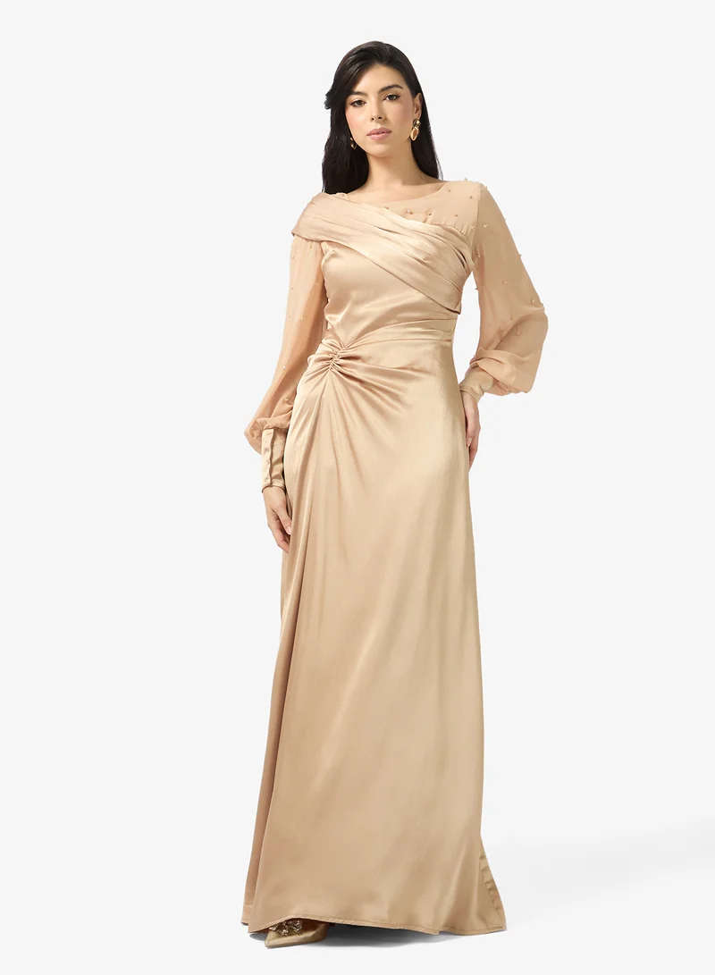 Mock Neck Crinkle Satin Draped Dress