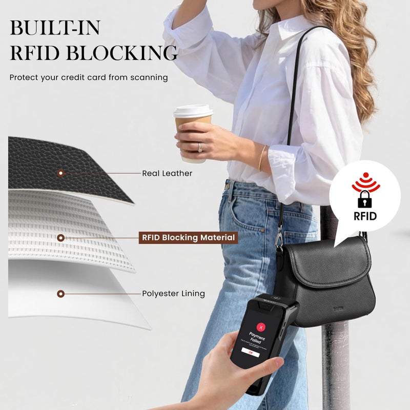 befen Black Crossbody Purse for Women Small Real Leather Shoulder Bags with RFID Blocking, Saddle Bag Purses for Women Designer Cross Body Handbags for Daily Travel - Image 5
