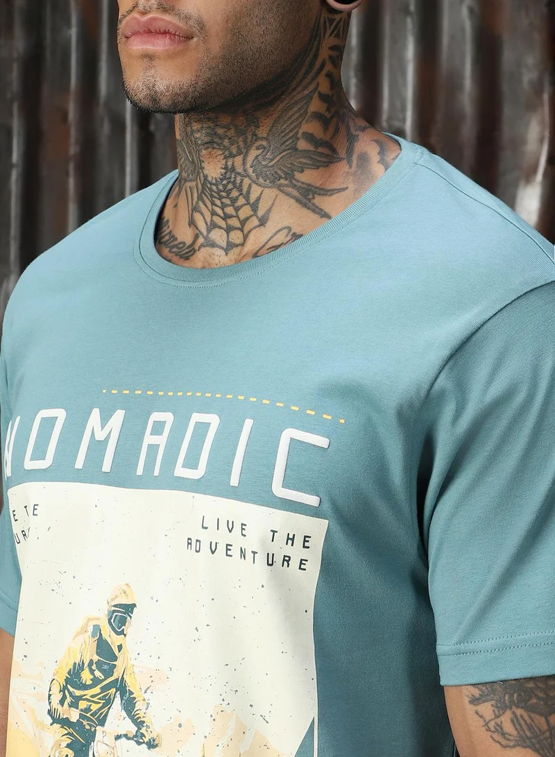 HIGH STAR Men's Blue 100% Cotton Printed T-Shirt