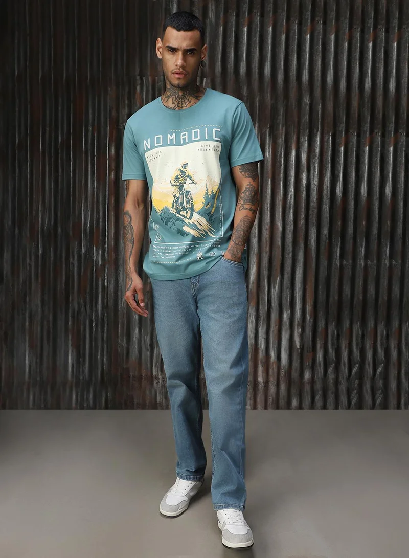 HIGH STAR Men's Blue 100% Cotton Printed T-Shirt