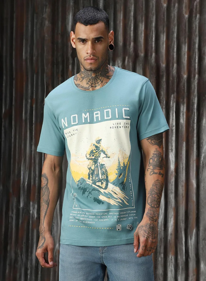 HIGH STAR Men's Blue 100% Cotton Printed T-Shirt