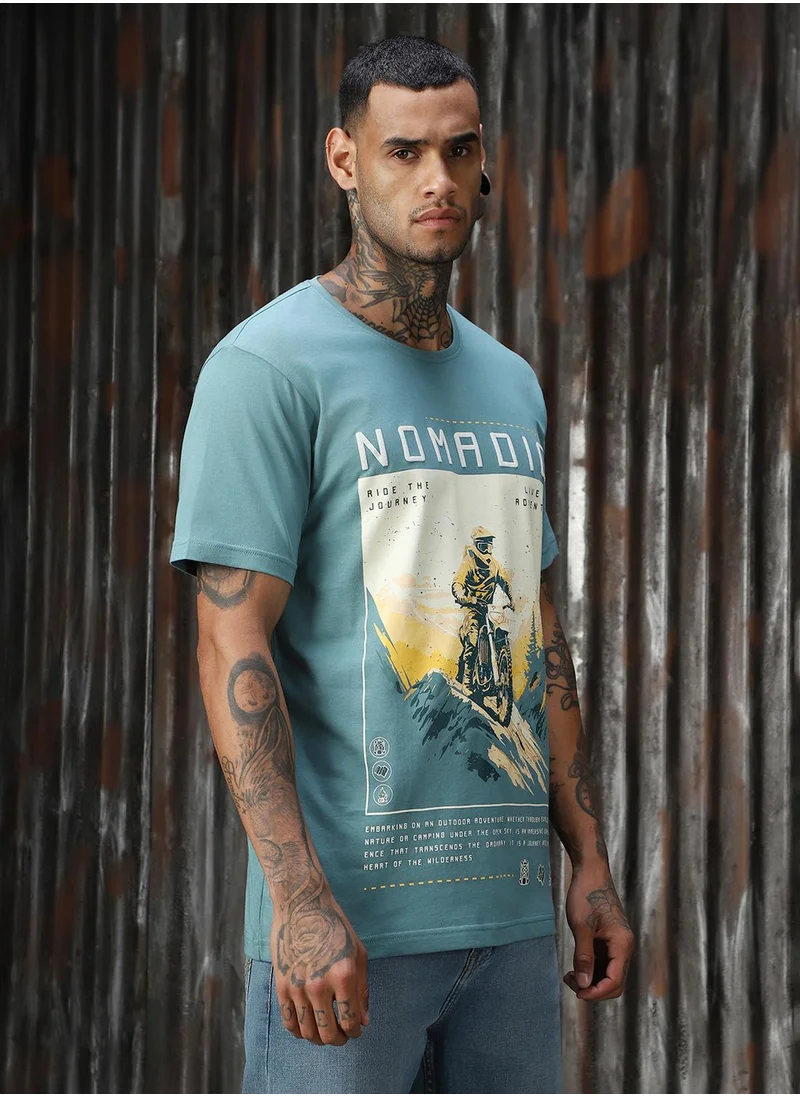 HIGH STAR Men's Blue 100% Cotton Printed T-Shirt