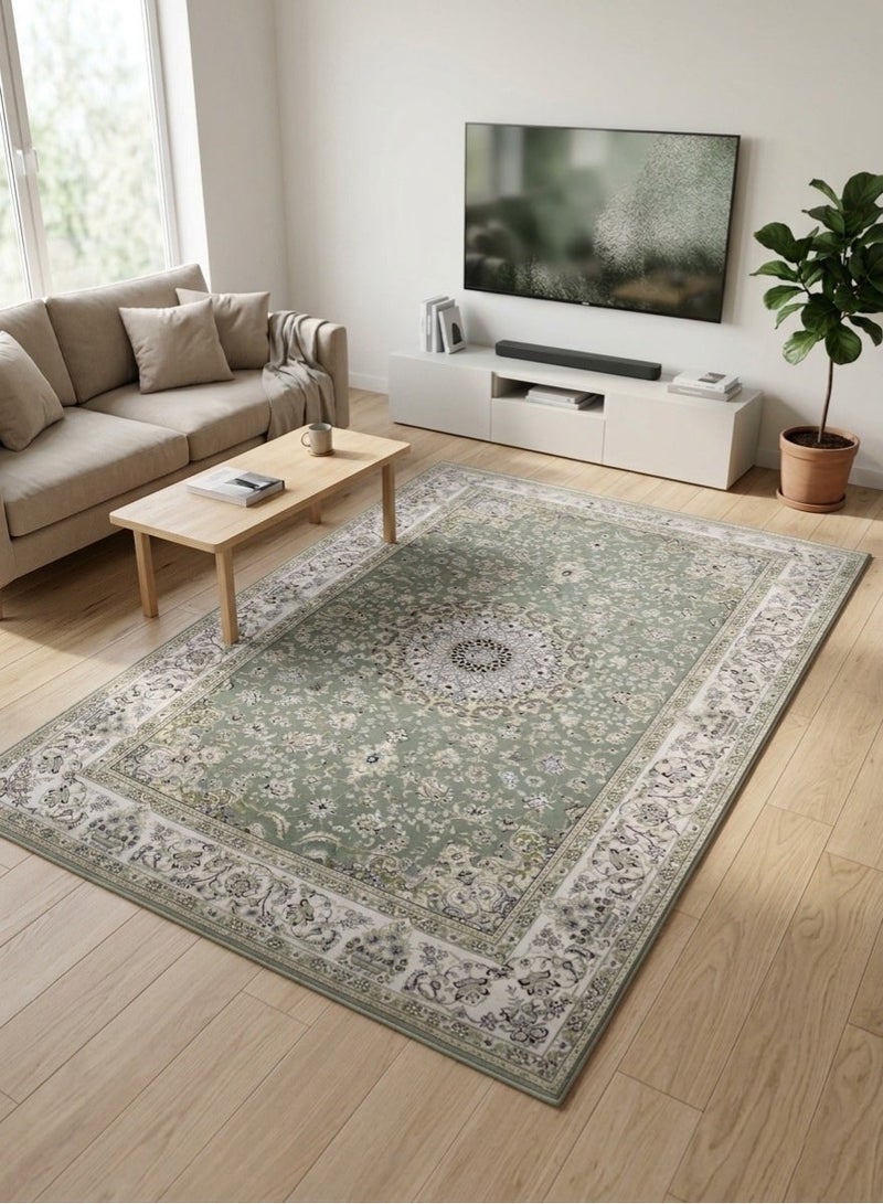 Alkaffary Bashayer Carpet from Al-Qafari, elegant traditional design with non-slip backing, 260×165 cm, light green - Image 1