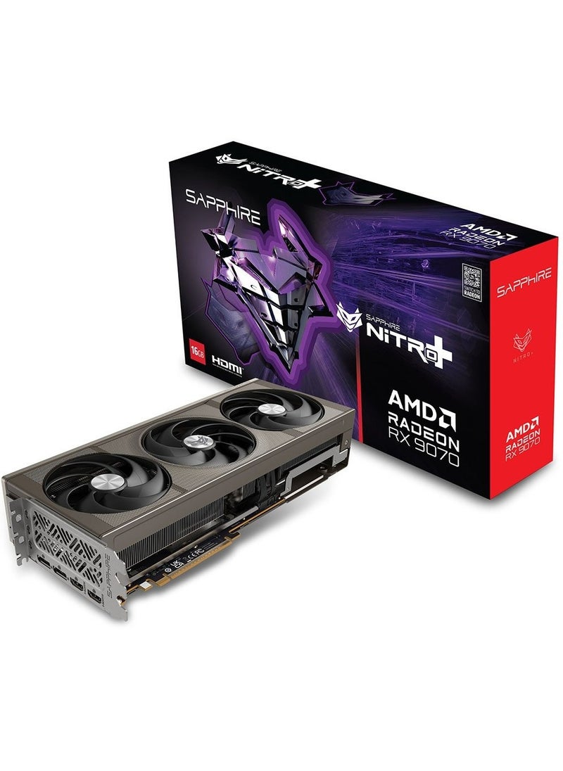 سافاير - بطاقة رسومات NITRO+ AMD Radeon™ RX 9070 16GB GDDR6، تردد 2700 ميجاهرتز، معالجات تدفق 3584، بنية RDNA™ 4، مسرعات 56 Ray، ذاكرة تخزين مؤقتة 64 ميجابايت Infinity، PCIe 5.0، ألعاب بدقة 4K، تبريد Tri-X، شريط إضاءة ARGB، استهلاك طاقة 245 وات، محول طاقة 3x8 سنون، مخرجات HDMI 2.1 وDisplayPort 2.1 | 11349-01-20G - Image 1
