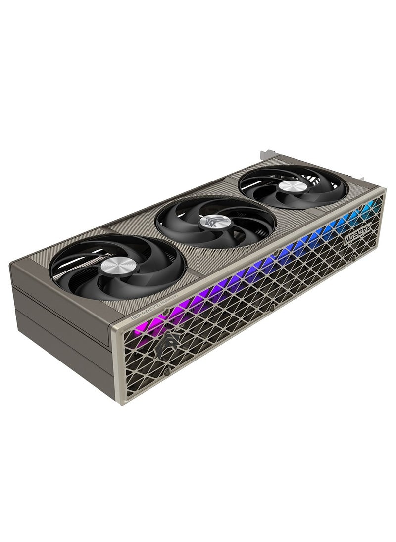 سافاير - بطاقة رسومات NITRO+ AMD Radeon™ RX 9070 16GB GDDR6، تردد 2700 ميجاهرتز، معالجات تدفق 3584، بنية RDNA™ 4، مسرعات 56 Ray، ذاكرة تخزين مؤقتة 64 ميجابايت Infinity، PCIe 5.0، ألعاب بدقة 4K، تبريد Tri-X، شريط إضاءة ARGB، استهلاك طاقة 245 وات، محول طاقة 3x8 سنون، مخرجات HDMI 2.1 وDisplayPort 2.1 | 11349-01-20G - Image 1