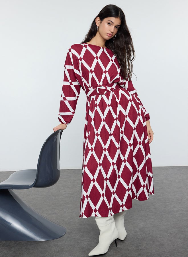 trendyol Burgundy Patterned Belt Detailed Crinkle Woven Dress TCTSS24EB00233 - Image 1