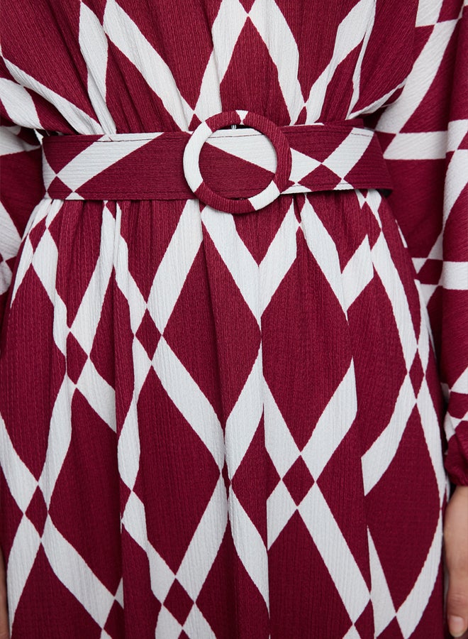 trendyol Burgundy Patterned Belt Detailed Crinkle Woven Dress TCTSS24EB00233 - Image 4