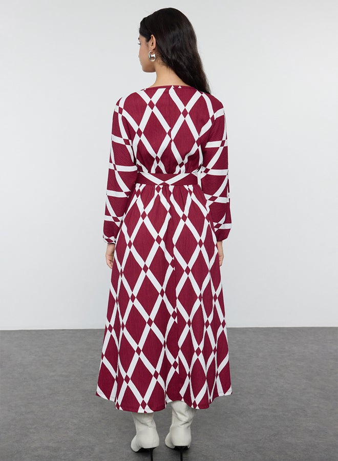 trendyol Burgundy Patterned Belt Detailed Crinkle Woven Dress TCTSS24EB00233 - Image 5