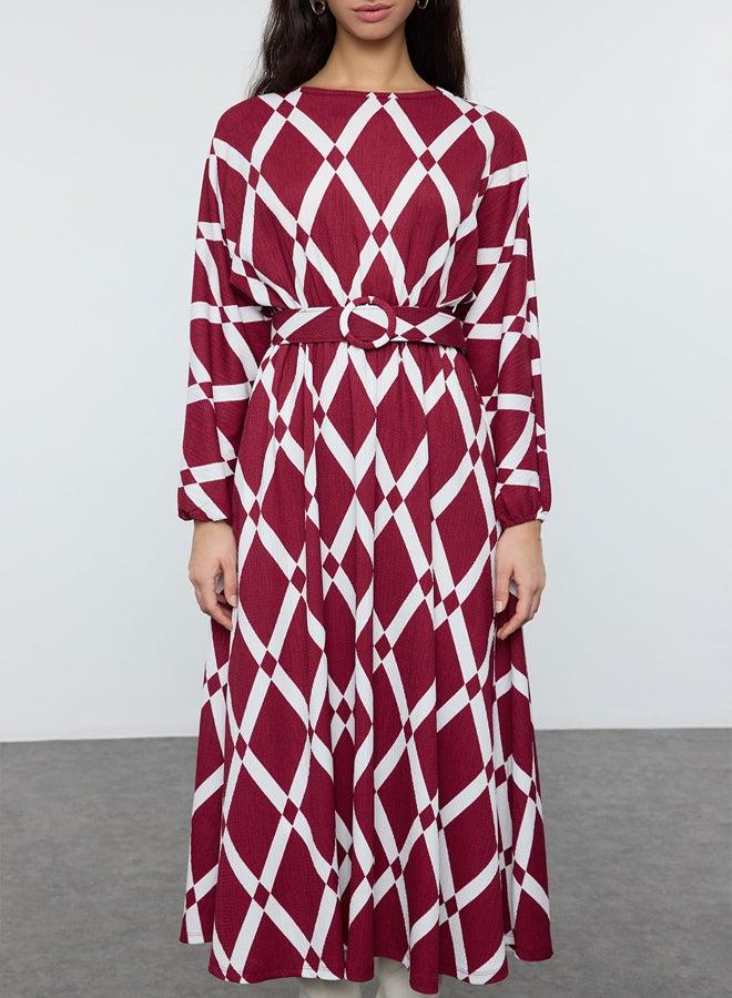 trendyol Burgundy Patterned Belt Detailed Crinkle Woven Dress TCTSS24EB00233 - Image 3