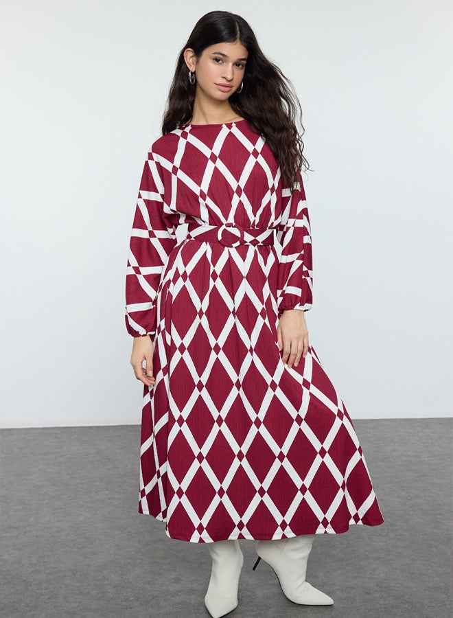 trendyol Burgundy Patterned Belt Detailed Crinkle Woven Dress TCTSS24EB00233 - Image 2