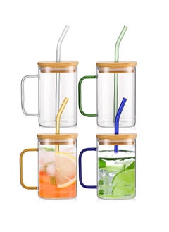 4 Pack Glass Cups With Lids and Straws, 400ML Drinking Glasses Coffee Cups with Handle, Glass Mug With colored Handle for Soda, Iced Coffee, Milk, Bubble Tea, Water, Juice