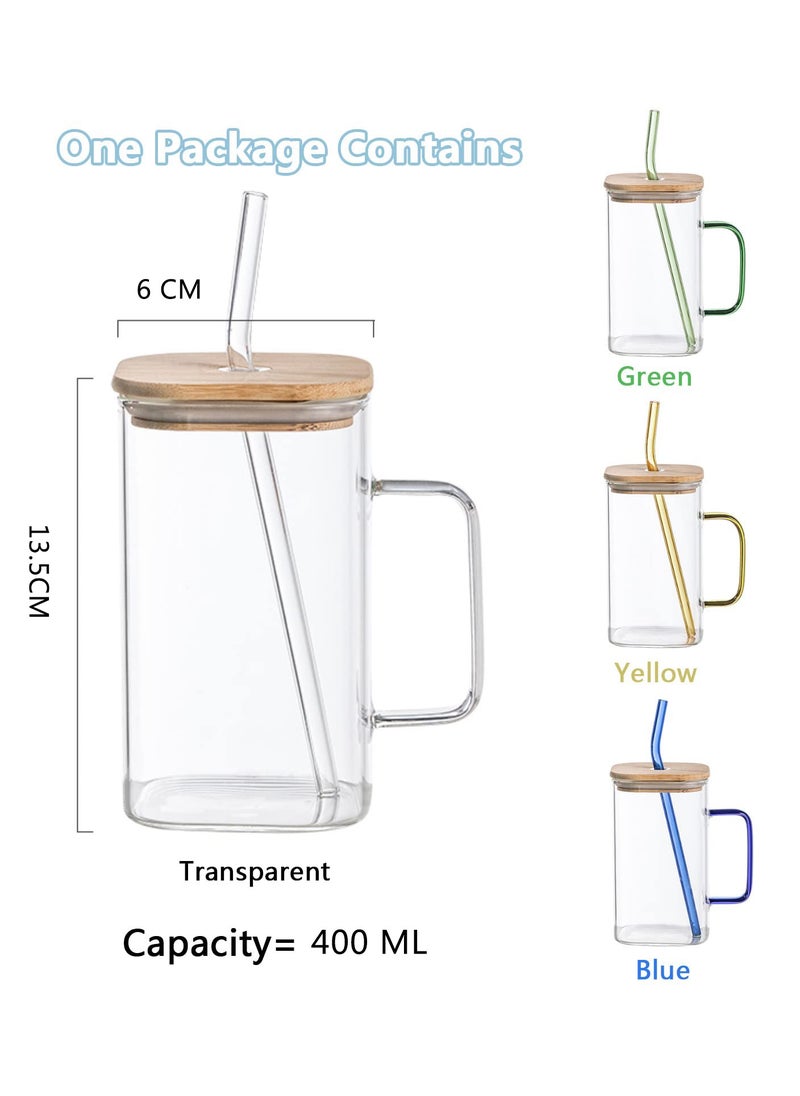 KASTWAVE - 4 Pack Glass Cups With Lids and Straws, 400ML Drinking Glasses Coffee Cups with Handle, Glass Mug With colored Handle for Soda, Iced Coffee, Milk, Bubble Tea, Water, Juice - Image 1