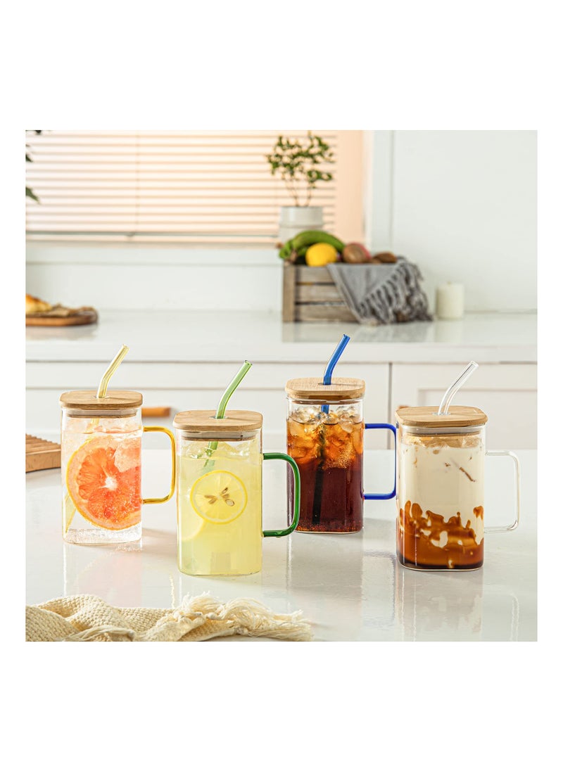 KASTWAVE - 4 Pack Glass Cups With Lids and Straws, 400ML Drinking Glasses Coffee Cups with Handle, Glass Mug With colored Handle for Soda, Iced Coffee, Milk, Bubble Tea, Water, Juice - Image 1