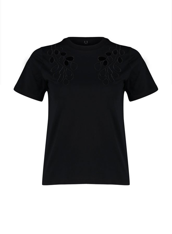 trendyol Black Embroidered Basic/Regular Pattern Knitted T-Shirt - Image 5