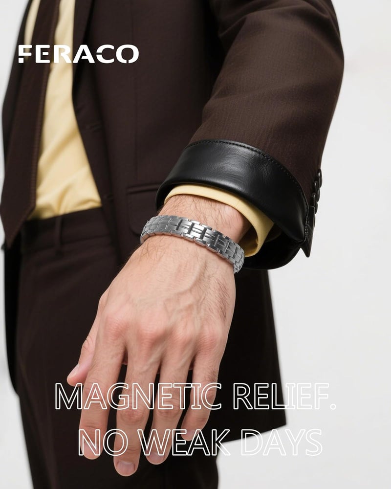 Feraco 5X Strength Magnetic Therapy Bracelet for Men - Titanium Steel Bracelet with 3800 Gauss Magnets,Premium Fold-Over Clasp (Silver) - Image 2