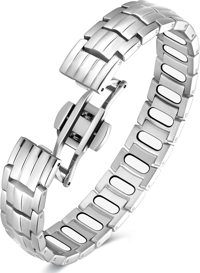 Feraco 5X Strength Magnetic Therapy Bracelet for Men - Titanium Steel Bracelet with 3800 Gauss Magnets,Premium Fold-Over Clasp (Silver) - Image 1