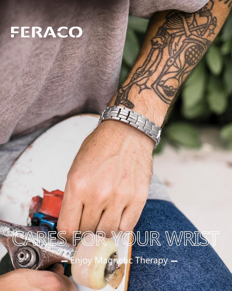 Feraco 5X Strength Magnetic Therapy Bracelet for Men - Titanium Steel Bracelet with 3800 Gauss Magnets,Premium Fold-Over Clasp (Silver) - Image 4