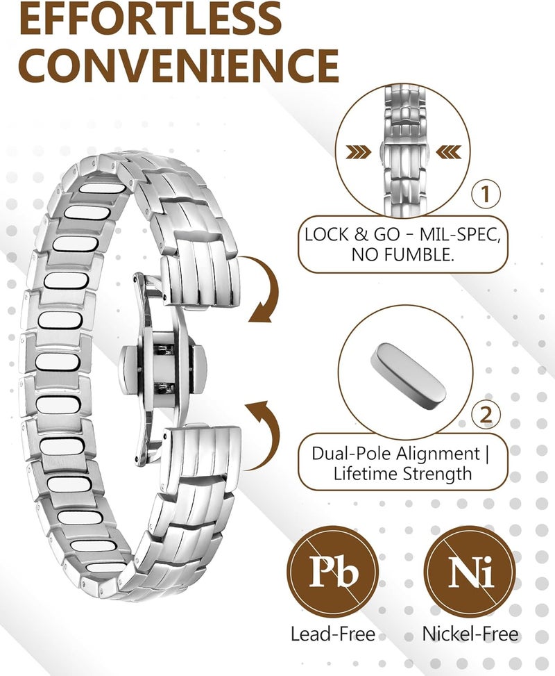Feraco 5X Strength Magnetic Therapy Bracelet for Men - Titanium Steel Bracelet with 3800 Gauss Magnets,Premium Fold-Over Clasp (Silver) - Image 3