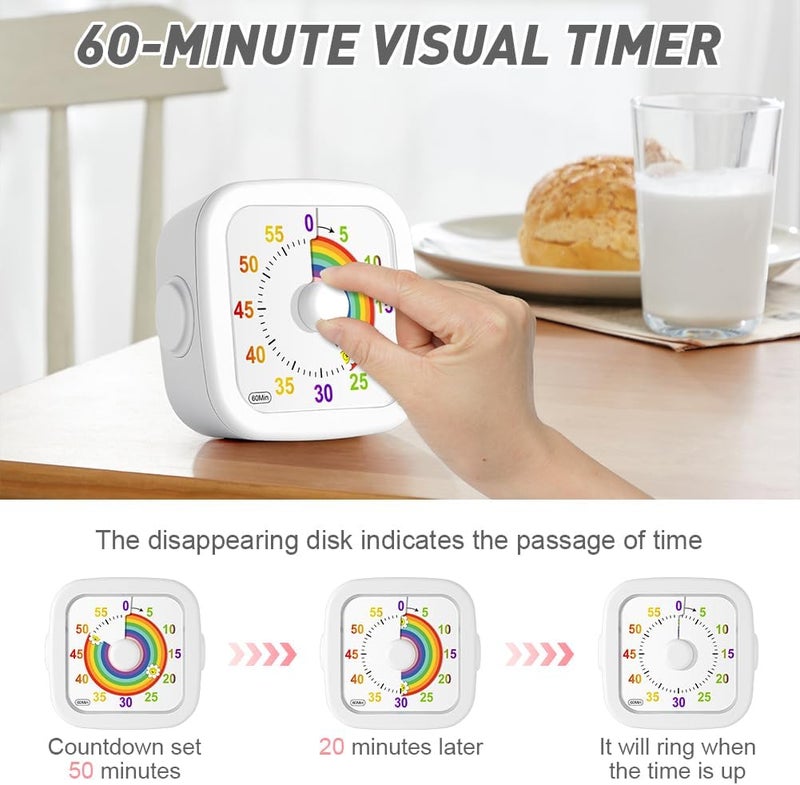 hotut 60 Minute Visual Timer for Kids,Visual Countdown Timer Clock Kids,Kids Desk Management Tools with Rainbow Pattern and Non-Ticking for Classroom,Home,Kitchen,Office - Image 4