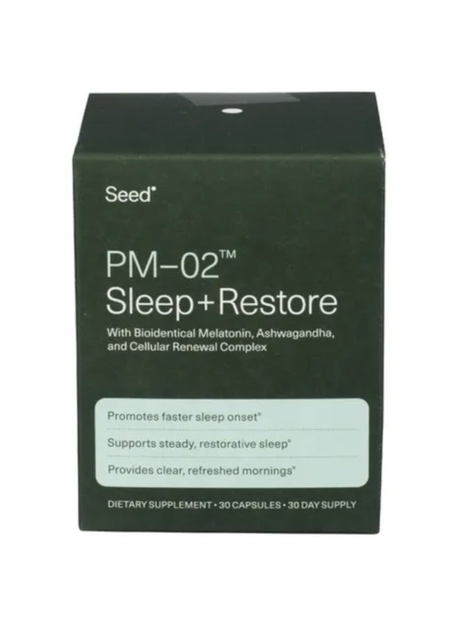 Seed PM-02 Sleep + Restore - Sleep Aid for Women & Men - Non-Habit Forming Bioidentical Melatonin & Ashwagandha - Vegan & Shelf-Stable - 30 Capsules (30-Day Supply) - Image 1