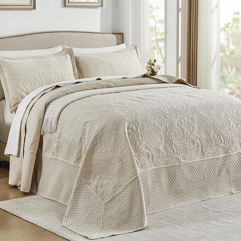 Qucover أغطية سرير كينغ كبيرة من كوكفر 128x120، قماش ميكروفايبر ناعم، تصميم كالي فورنيا كينغ مزخرف بنقشة بايسلي، مجموعة لحاف كبيرة 3 قطع، بيج - Image 1