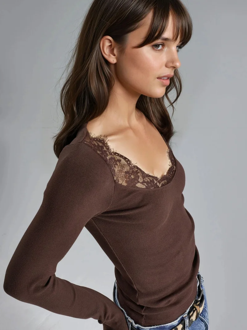 Busem Coffee Brown BUSEM Lace Detailed V-Neck Blouse for Women | Best Price UAE