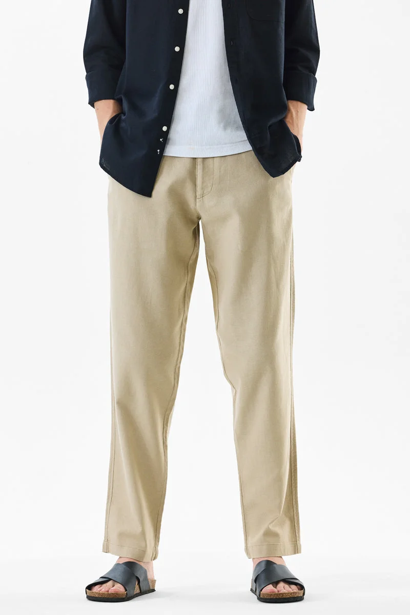 SNITCH Beige Solid Straight Fit Casual Trousers