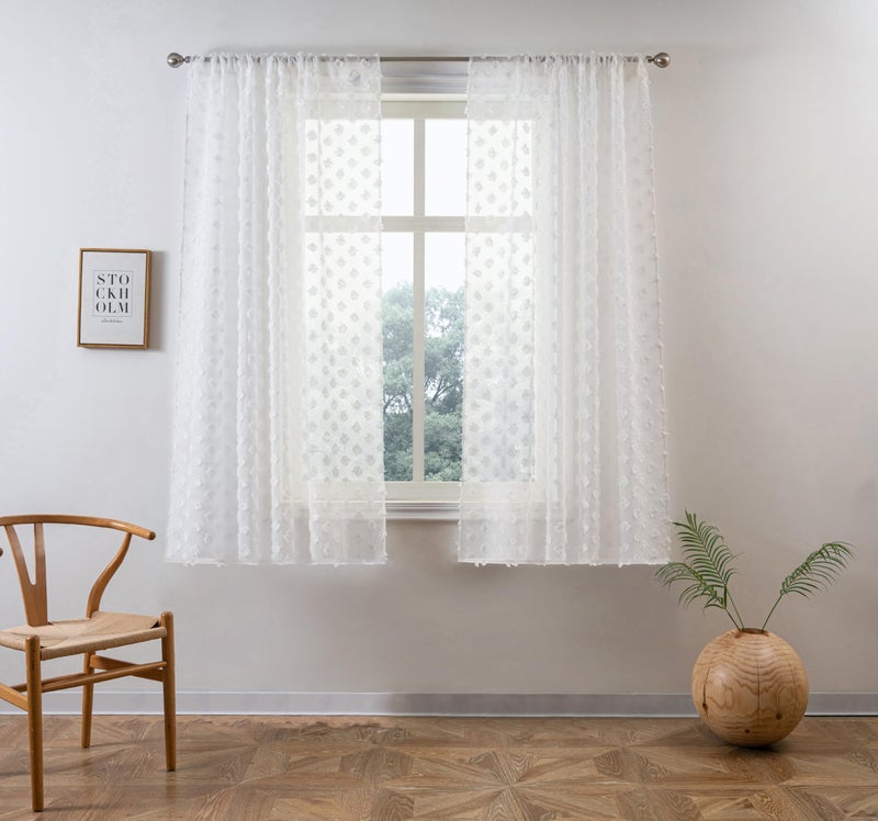 DriftAway DriftAway Linen Textured Pom Pom Sheer Curtains 63 Inch Length 2 Panels Sets for Living Room Farmhouse Boho Drapes Cute Semi Sheer Rod Pocket Nursery Kids Girls Curtains for Bedroom 52x63 