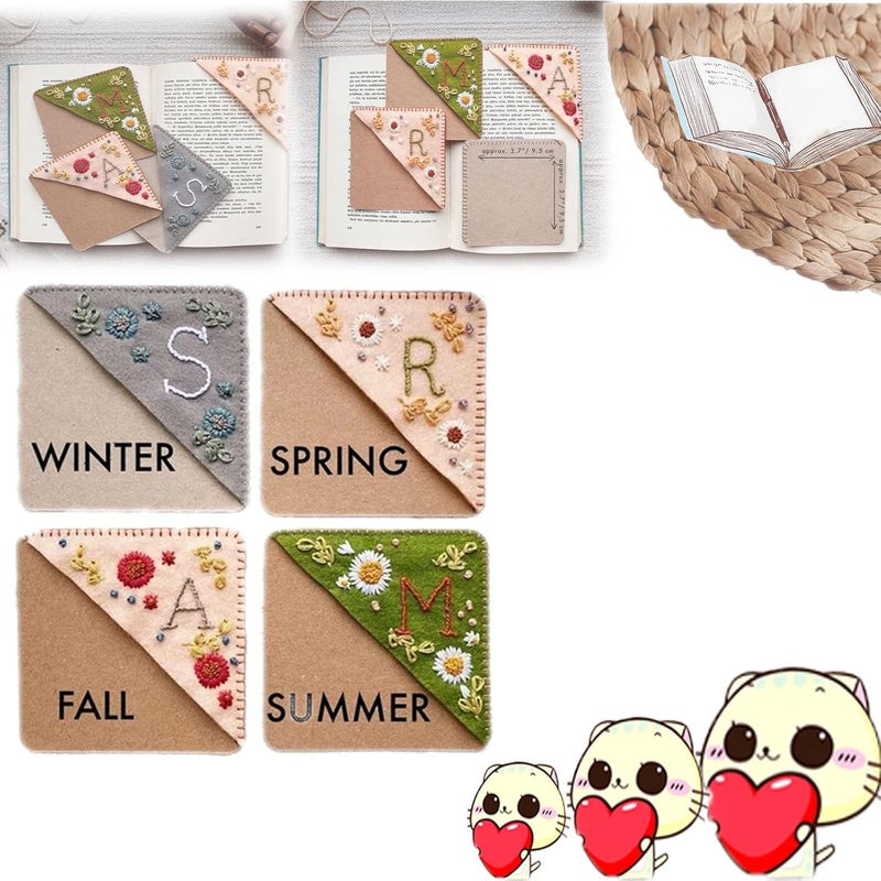woobles Personalized Hand Embroidered Corner Bookmark,Handmade Custom Letter Bookmark,Felt Triangle Bookmark,Hands Bookmark,Hand Stitched Felt Corner Letter Bookmark (4season,H) 4season H - Image 1